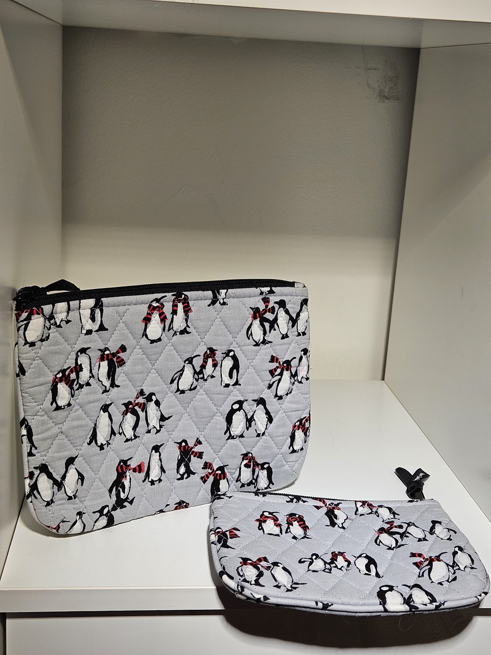 Vera Bradley Gray Quilted Playful Penguin Cosmetic Pouch Set